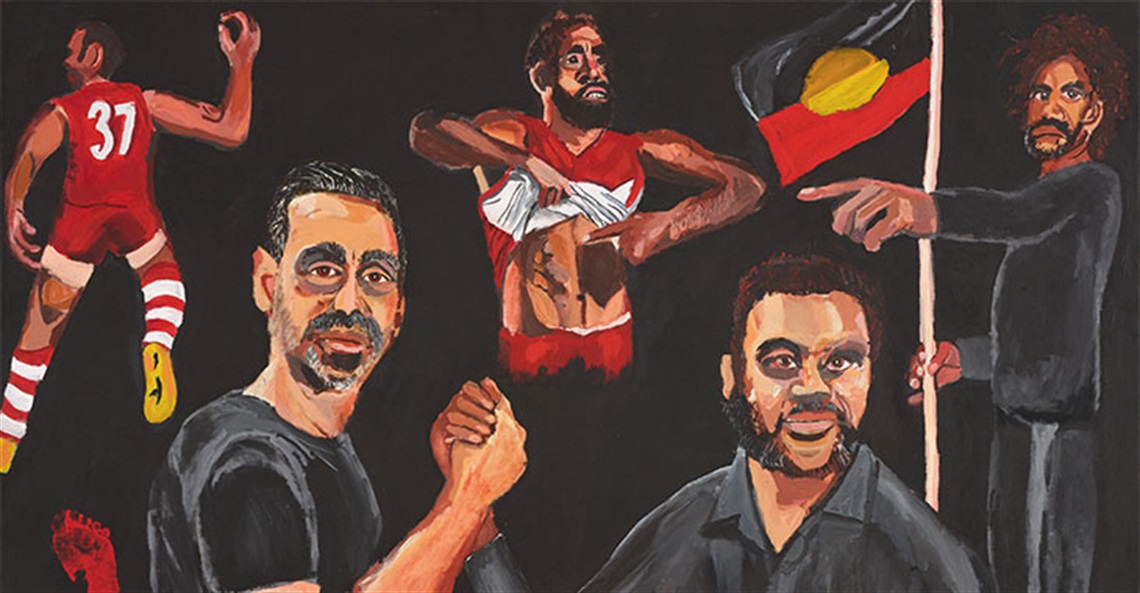 Winner Archibald Prize 2020, Vincent Namatjira, 'Stand strong for who you are', (detail) acrylic on linen, 152 x 198 cm. © the artist. Photo: AGNSW, Mim Stirling. Sitter: Adam Goodes - former professional Australian rules footballer