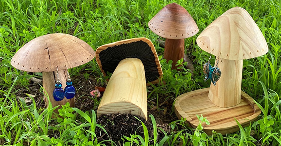 Alan Stasiukynas, wooden mushroom earring holders, various timbers